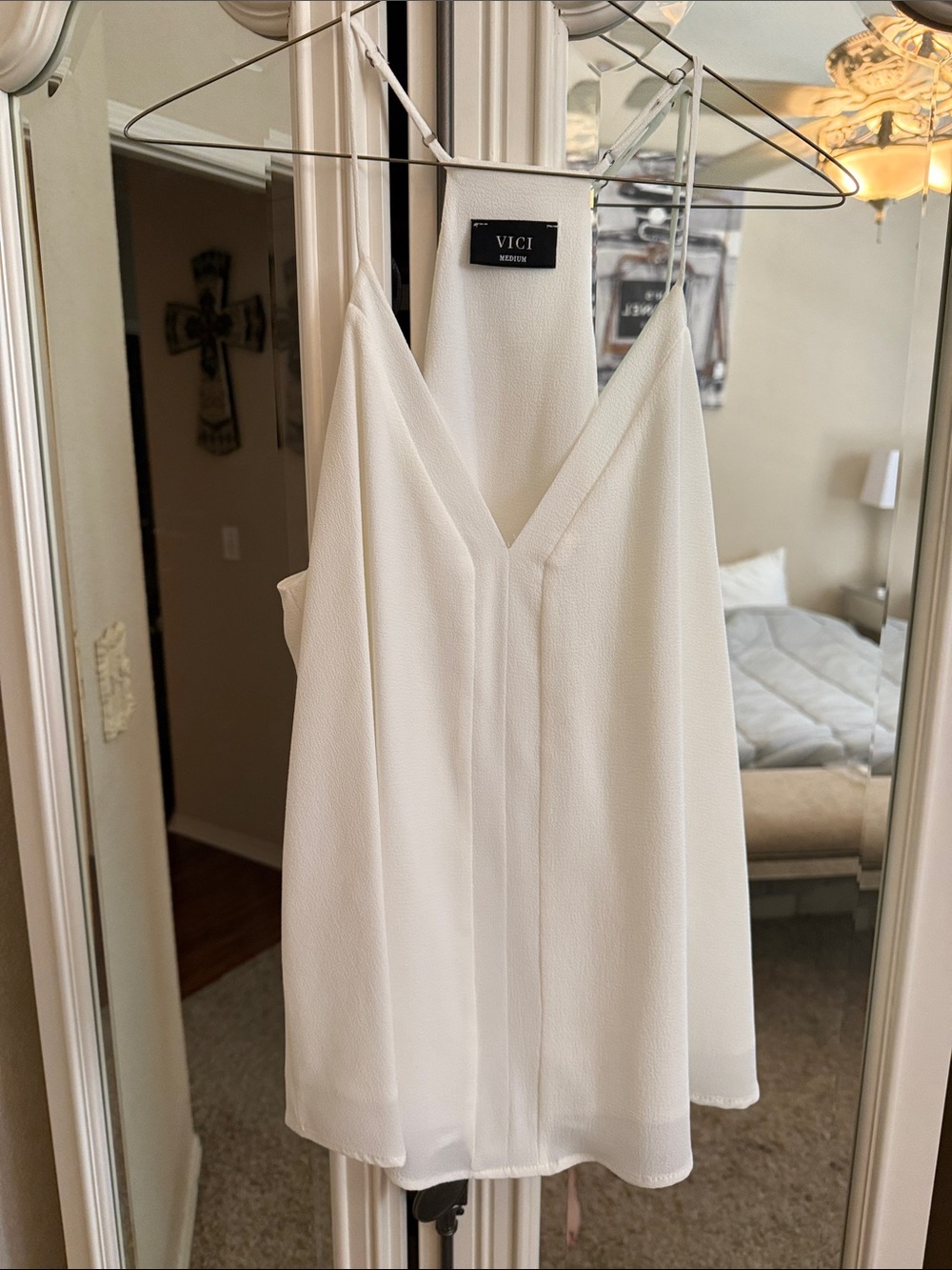 Vici Cream Textured V-Neck Cami with Thin Straps